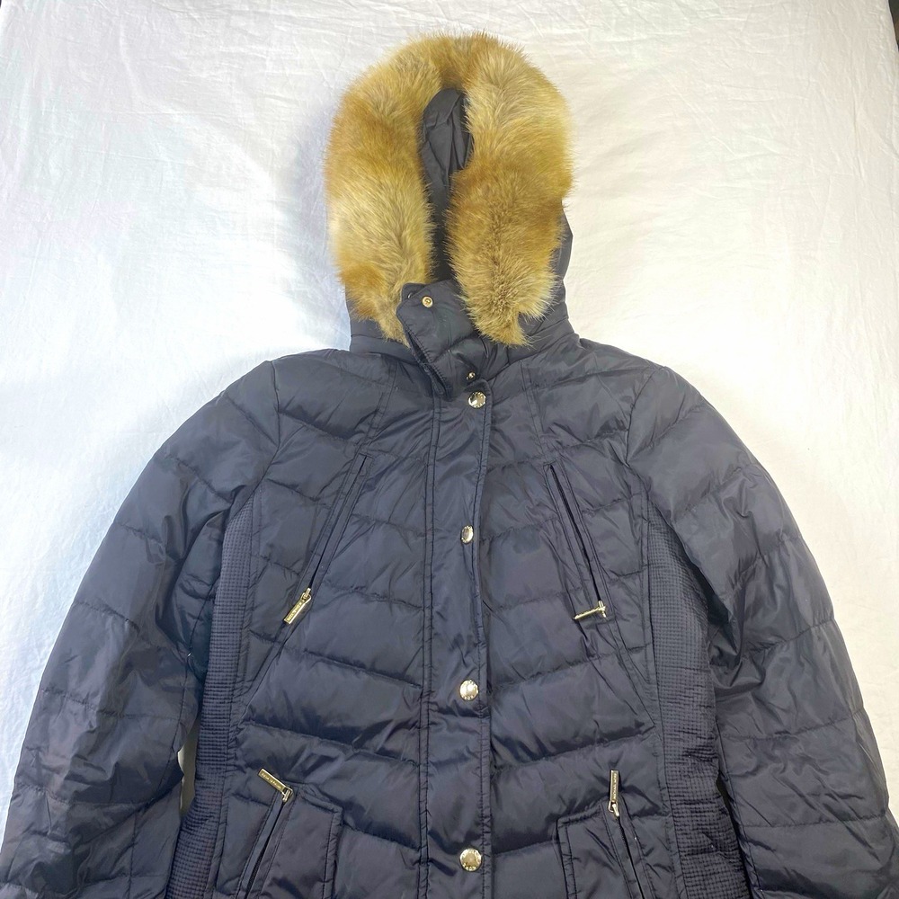 Michael Kors Women Black Hooded Faux Fur Trim Down Puffer Coat Mid-Length XS